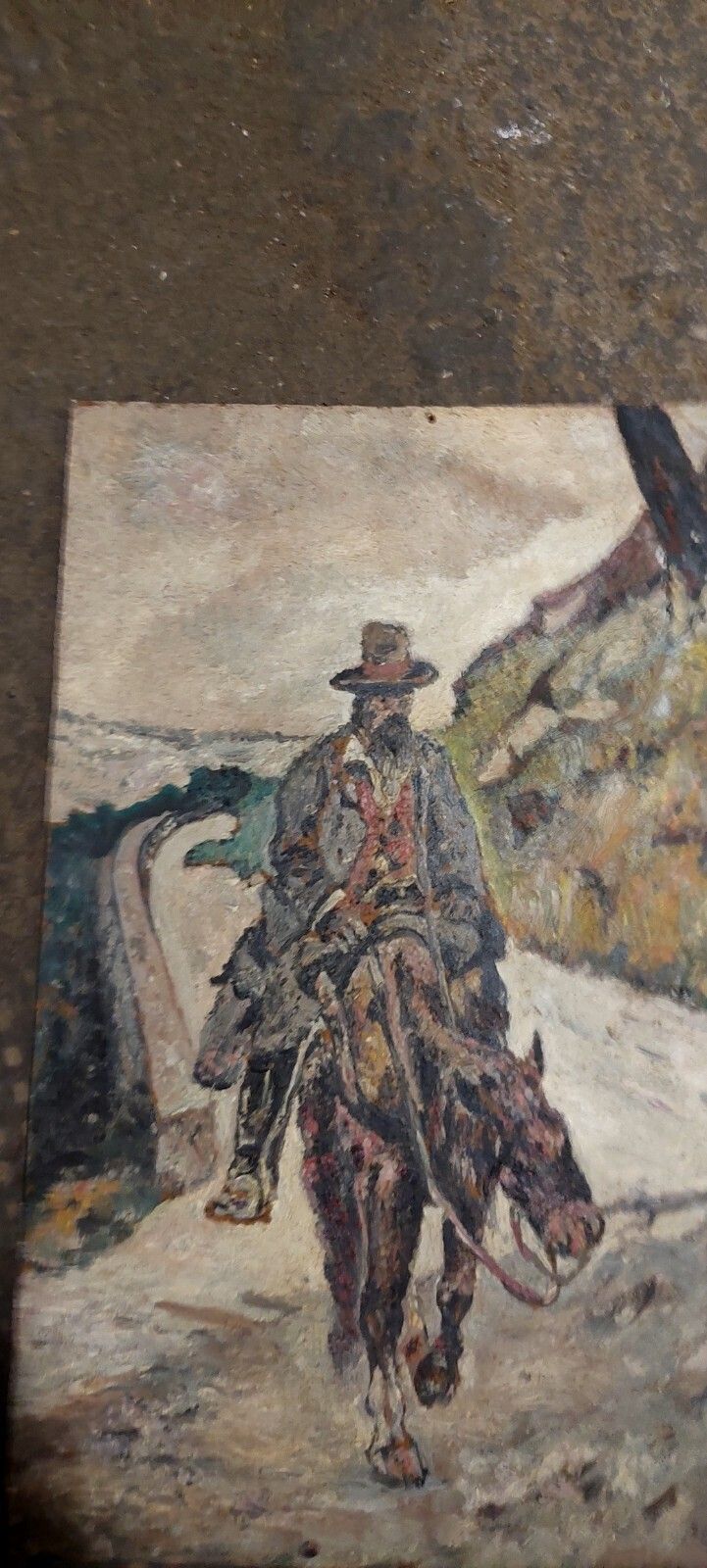 Antique Oil Painting On Hardboard Man On Horseback Post Macchiaioli Painting photo for sale