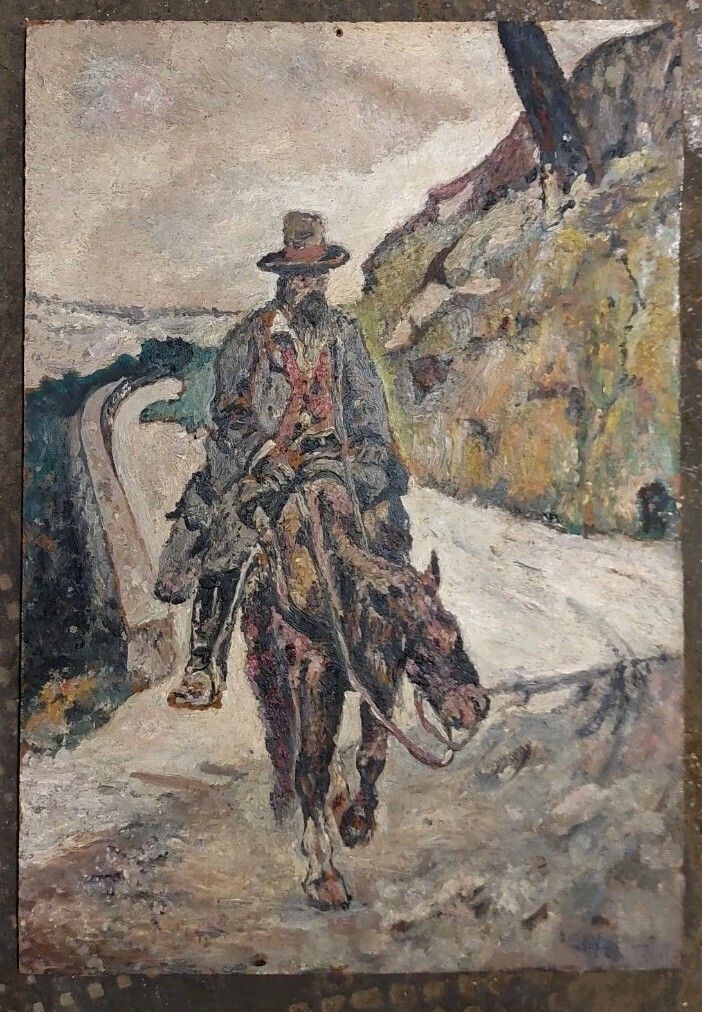 photo for sale Antique Oil Painting On Hardboard Man On Horseback Post Macchiaioli Painting
