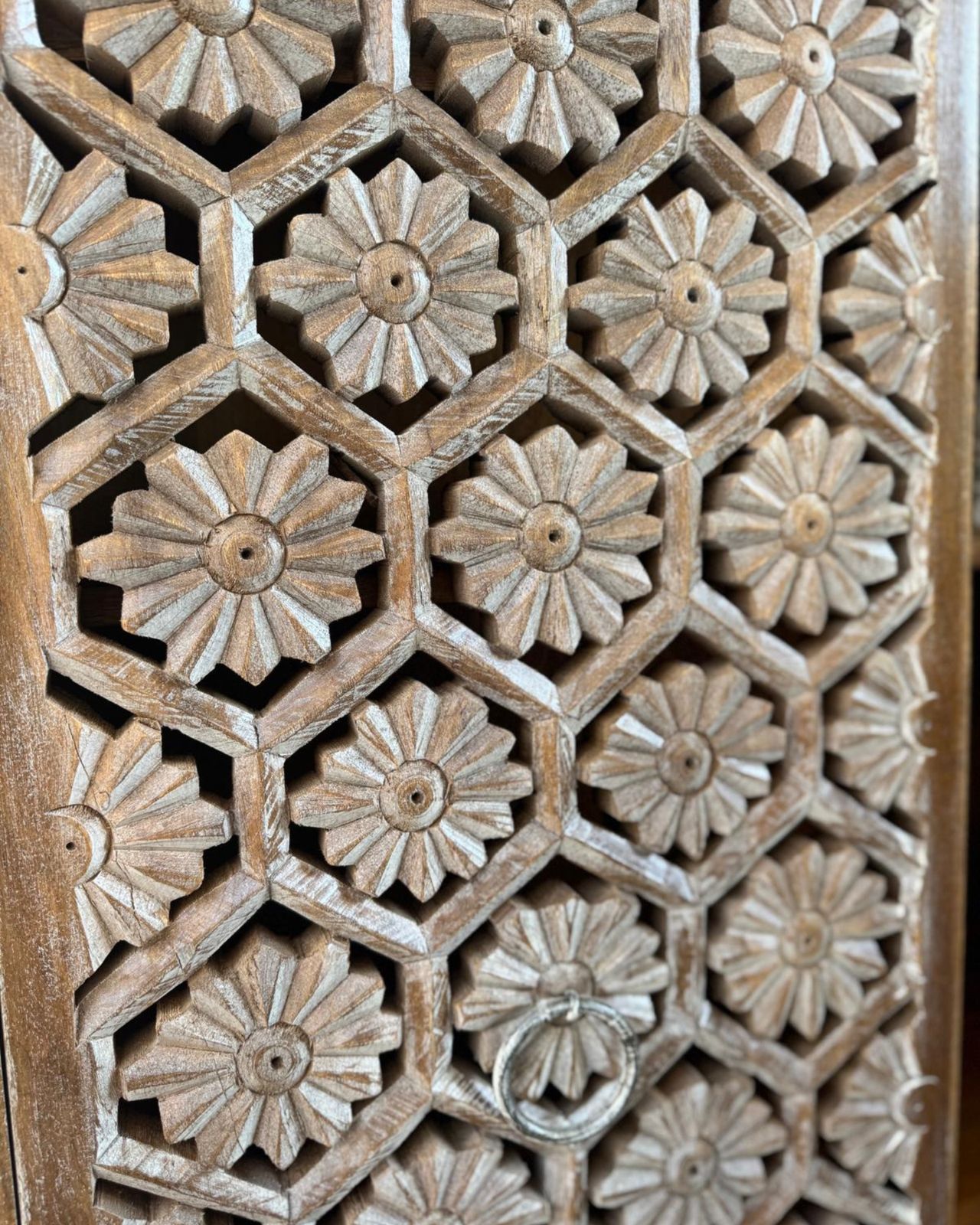 Hand Carved Mango Wood Armoire – Petal Motif With Internal Shelving photo 925.0
