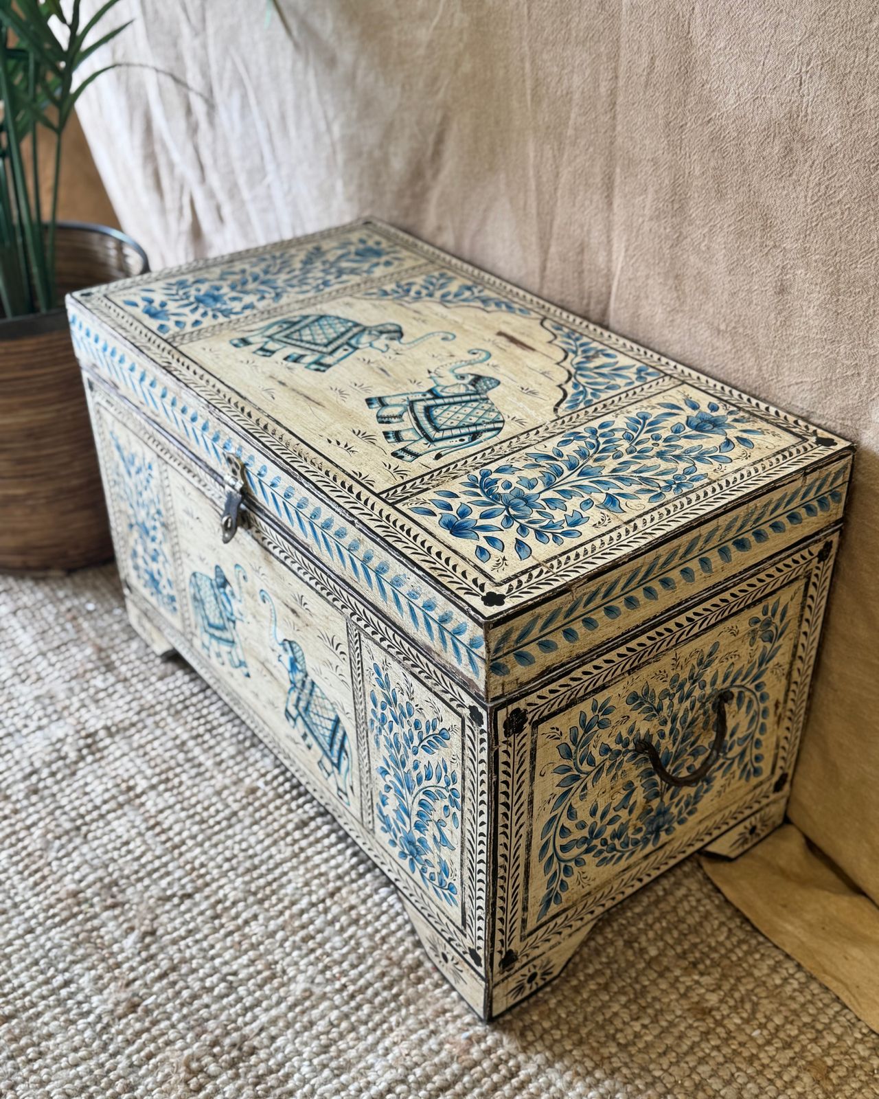 Hand Painted Teak Storage Chest – Cream & Blue With Elephant Motif photo furniture