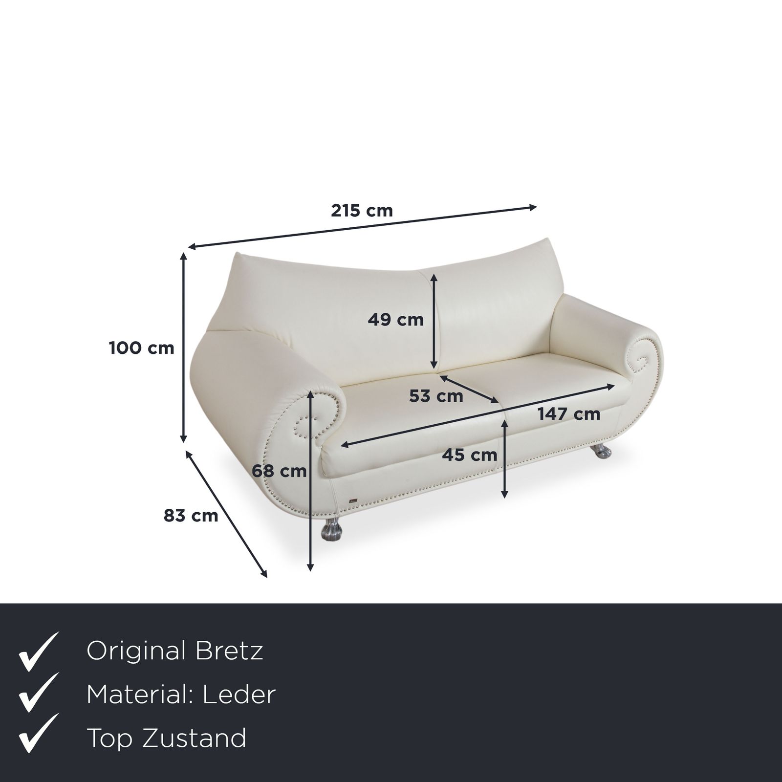 Bretz Gaudi Leather Three Seater Sofa White Cream Beige Silver Lion's Paw Feet Rivets photo furniture