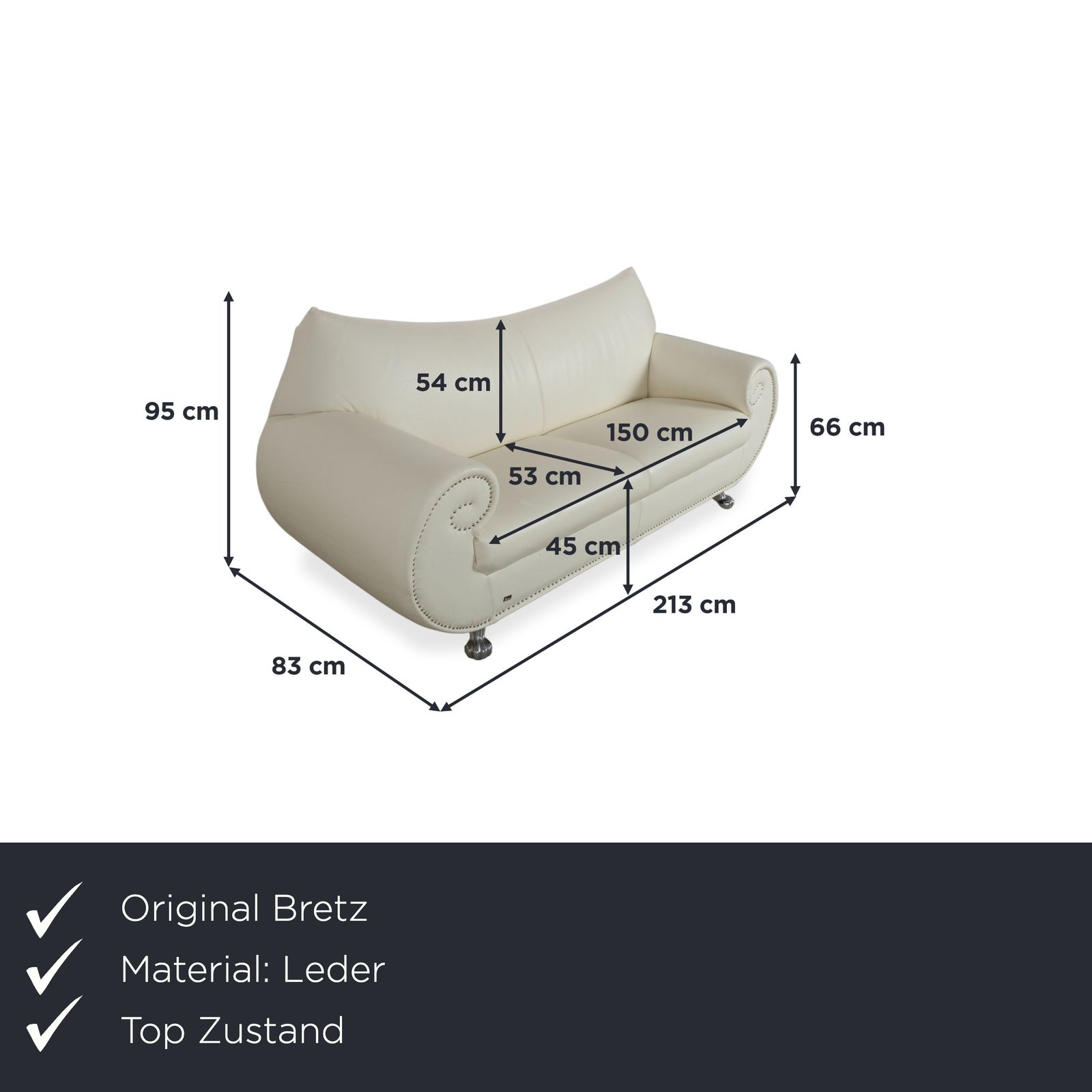 Bretz Gaudi Leather Three Seater Sofa White Cream Beige Silver Lion's Paw Feet Rivets photo furniture