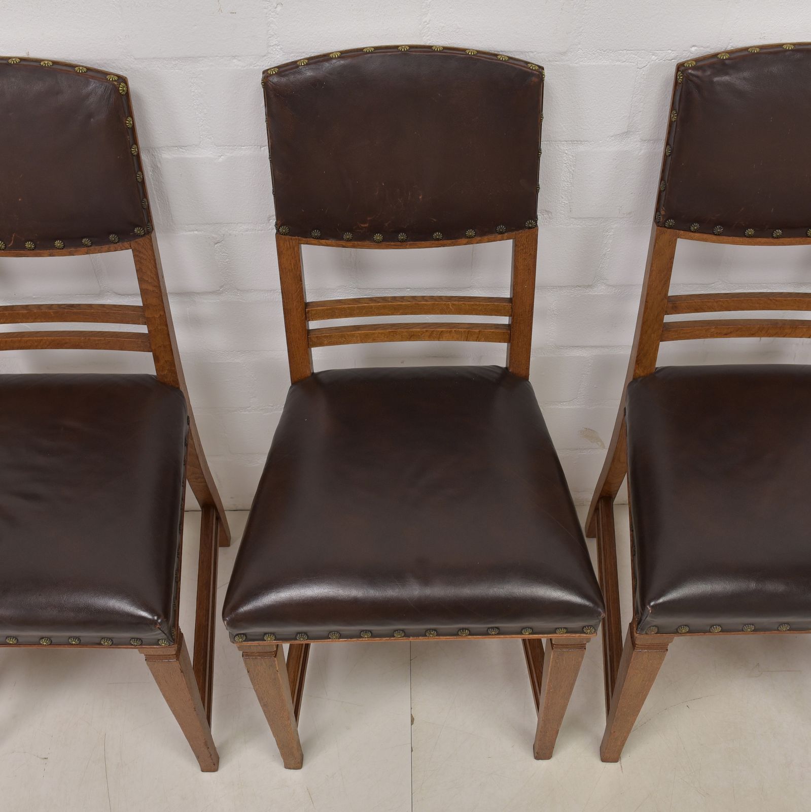 Antique! Set Of 5 Restored Art Nouveau Chairs, Solid Oak, Dining Room, Faux Leather photo Furniture