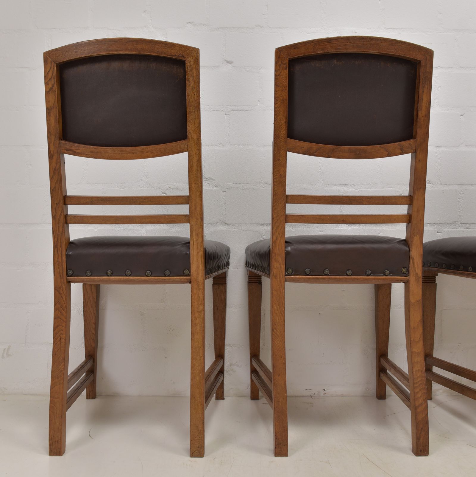 Antique! Set Of 5 Restored Art Nouveau Chairs, Solid Oak, Dining Room, Faux Leather photo vinterior