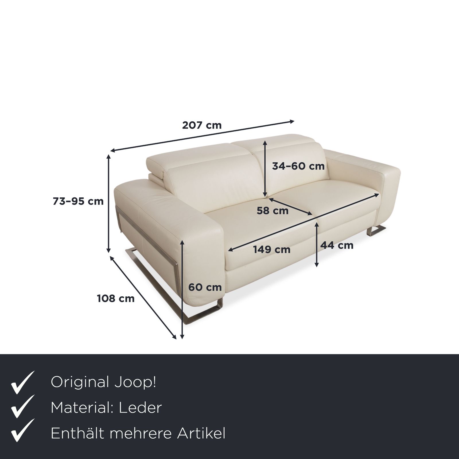 Joop 007 Leather Set Three Seater & Two Seater Cream Sofa Metal Feet Reclining Position Electric/Manual Function photo furniture