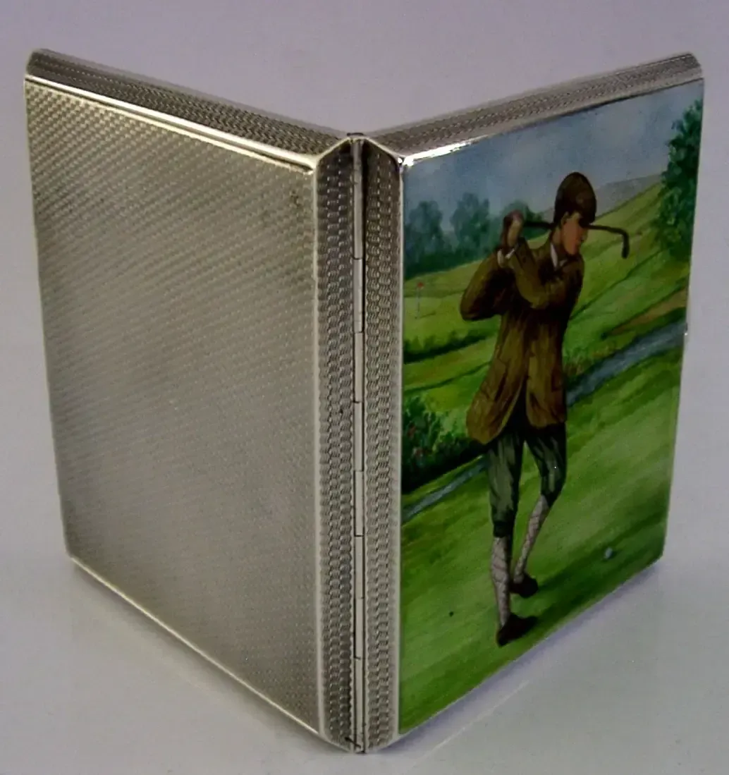 Étui à cigarettes Sampson Mordan en argent sterling et émail peint à la main, motif golf, 1933 photo 1500.0