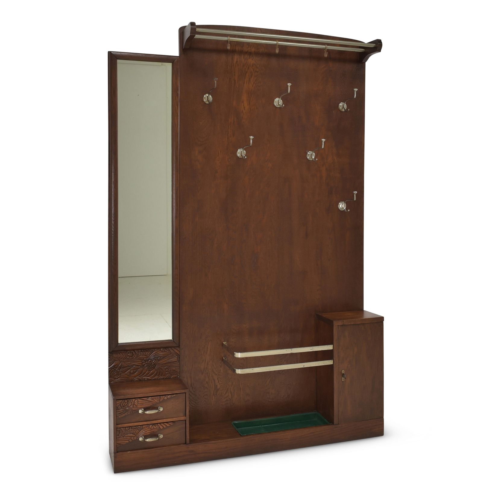 Antique! Asymmetrical Art Deco Wardrobe, Restored Circa 1940, Oak, Chrome, Mirror
