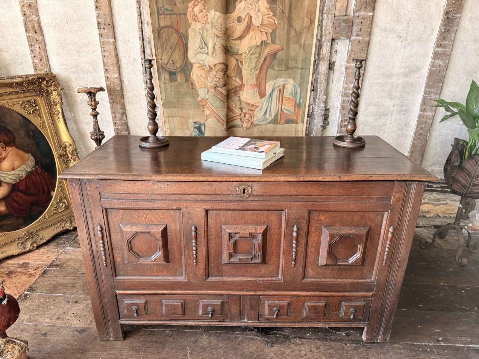 Rare Original  English Antique Geometric George Lll Carved Mule Chest Coffer photo for sale