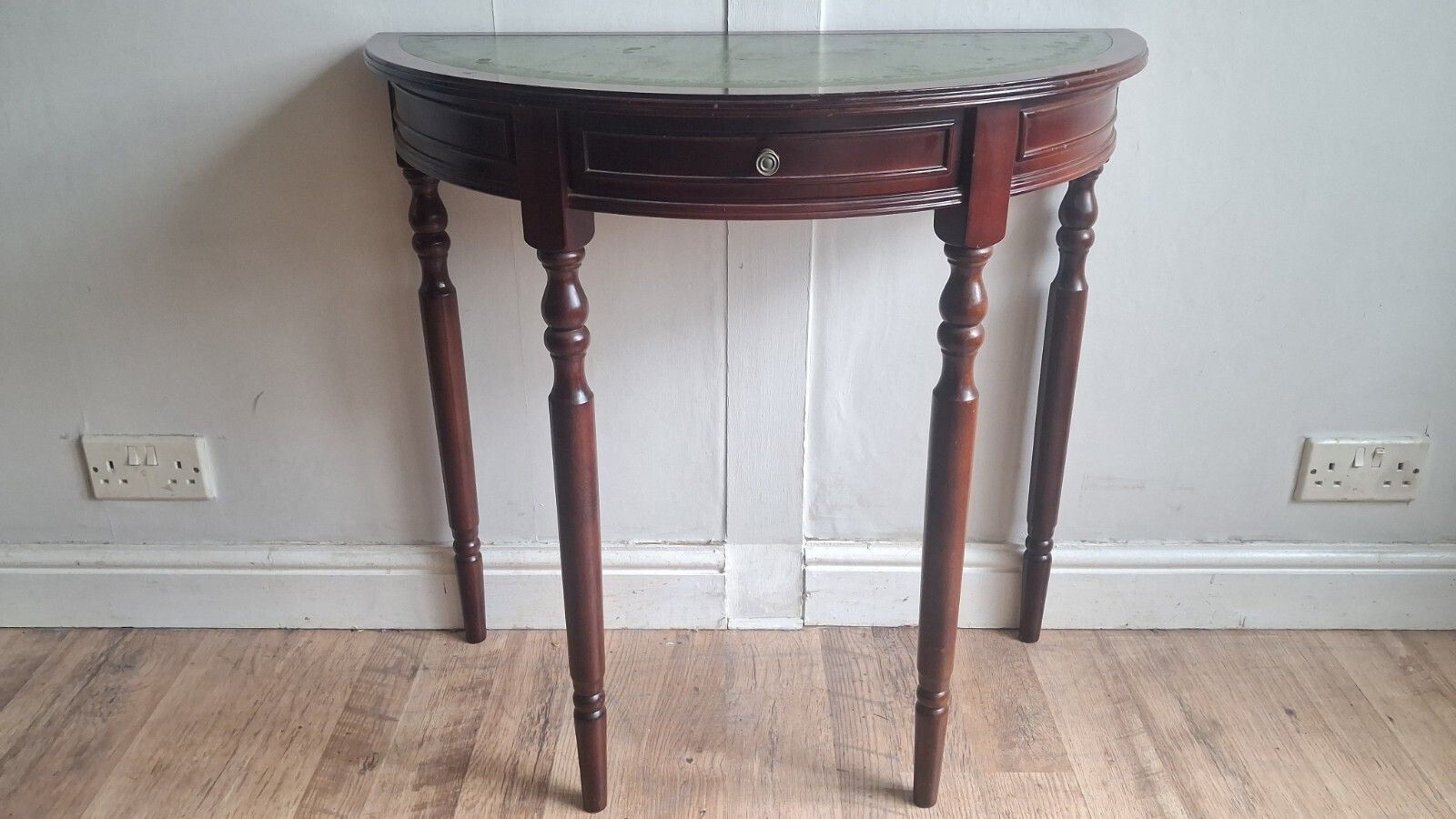 1980s Mahogany Demi Lune /Half Moon Table With Green Tooled Leather Top photo furniture