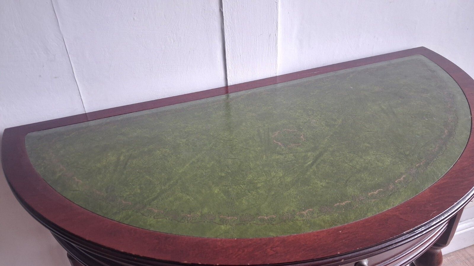 1980s Mahogany Demi Lune /Half Moon Table With Green Tooled Leather Top photo for sale