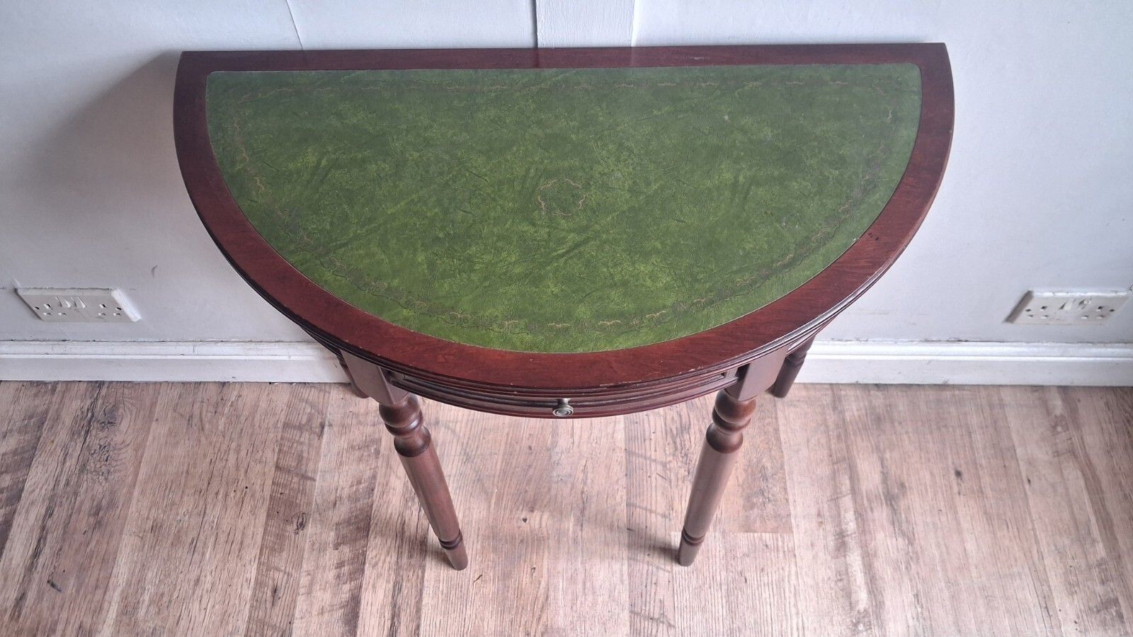 1980s Mahogany Demi Lune /Half Moon Table With Green Tooled Leather Top photo vinterior