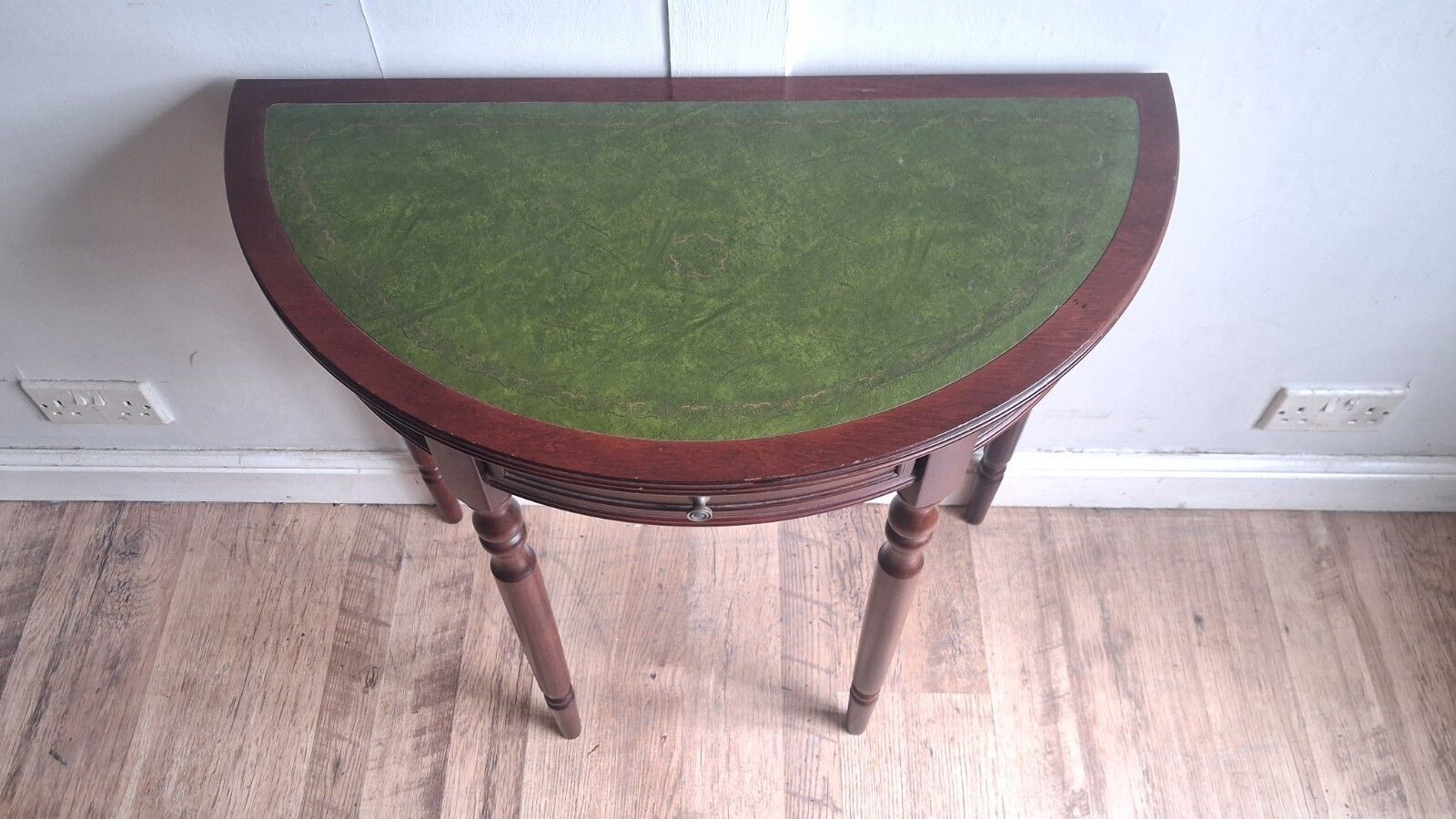 1980s Mahogany Demi Lune /Half Moon Table With Green Tooled Leather Top photo buy