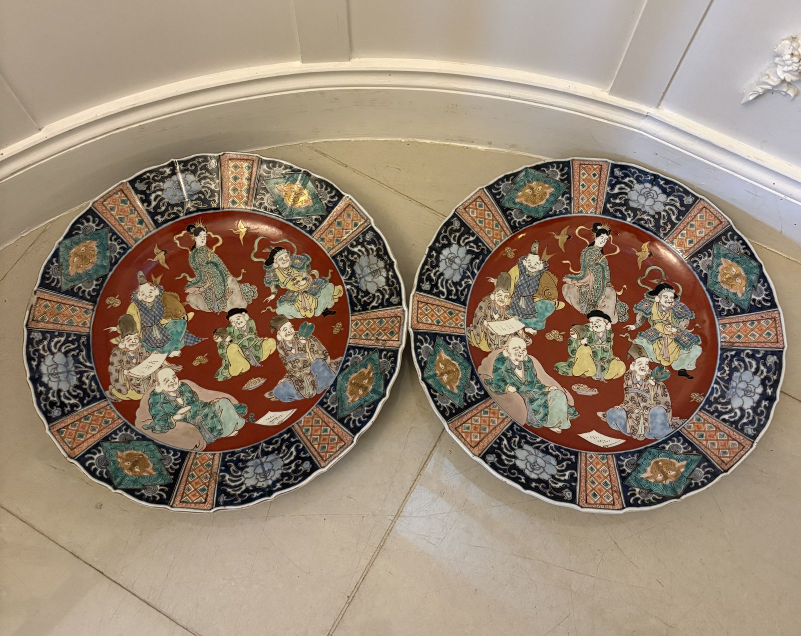 Antique Pair Of Large Japanese Imari Porcelain Chargers Depicting The Seven Lucky Gods
