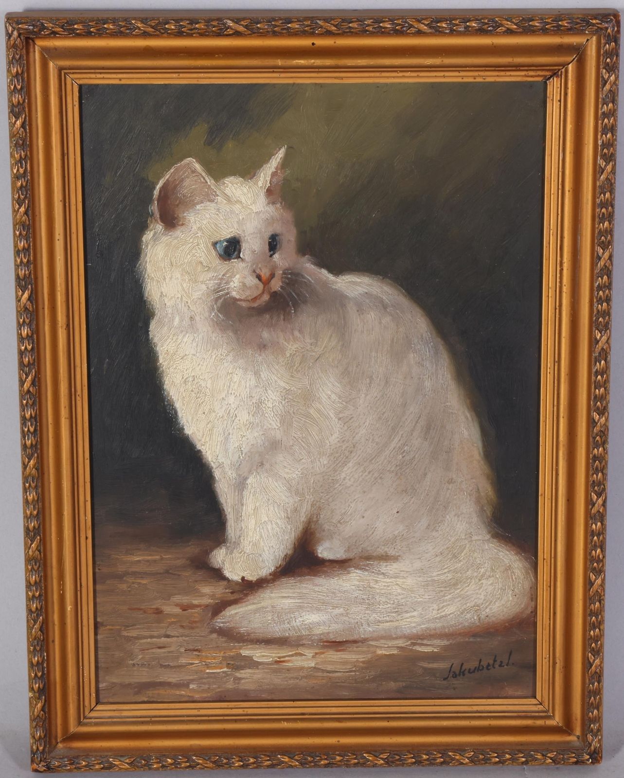 Antique Oil Painting Of A Proud White Cat.