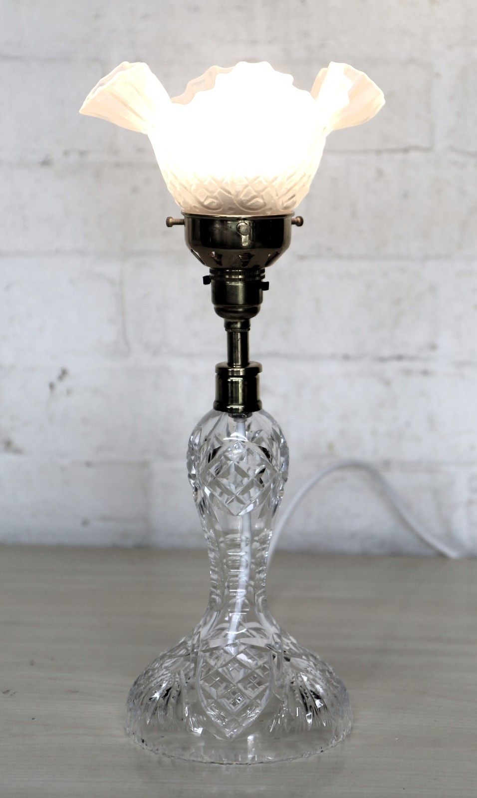 Table Lamp Antique Heavy Cut Lead Crystal Side Lamp + Period Frilled Glass Shade photo furniture