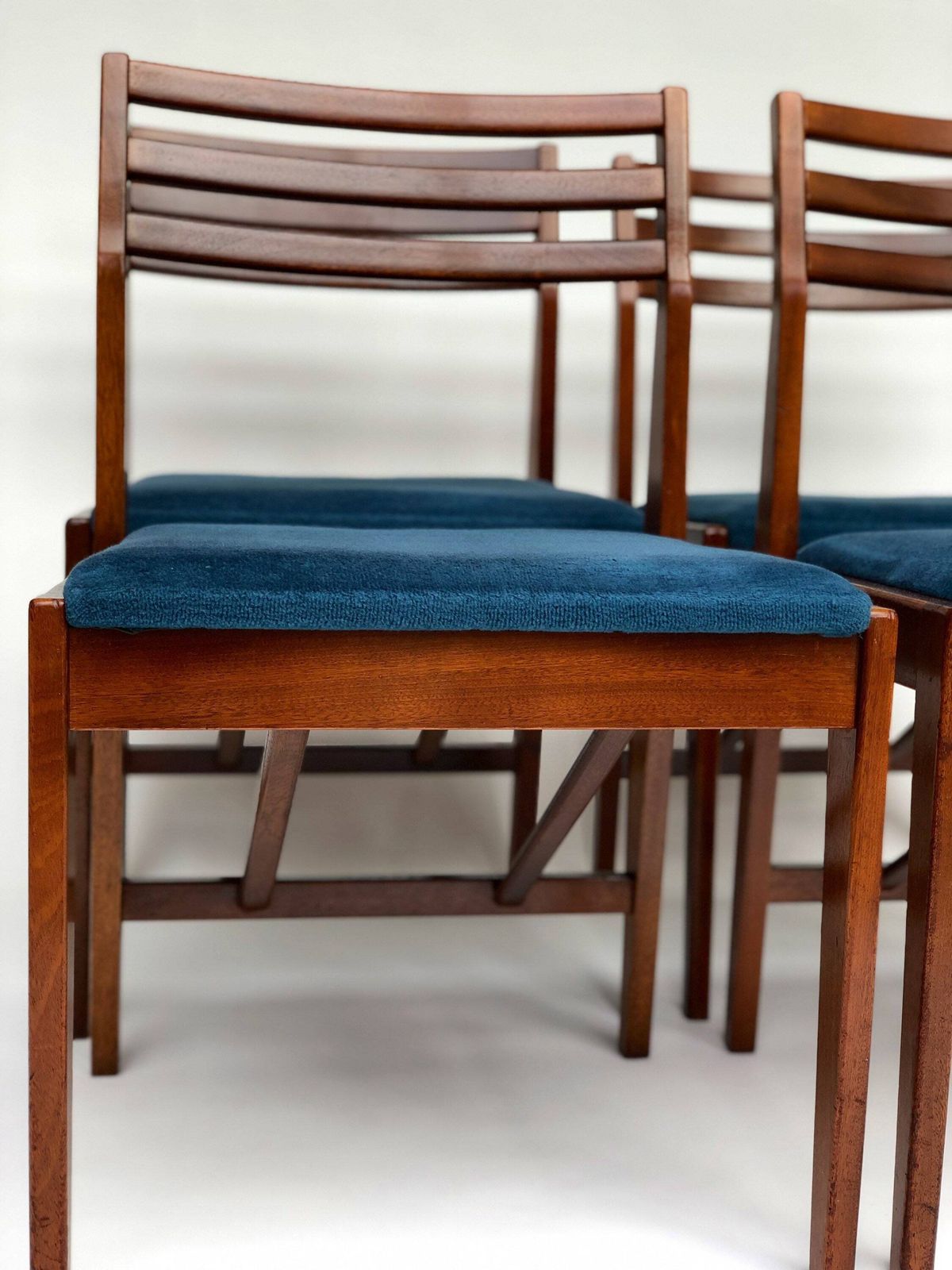 Danish Mcm Set Of 4 Teak Chairs 1970s With Blue Upholstered Seat Pad photo furniture