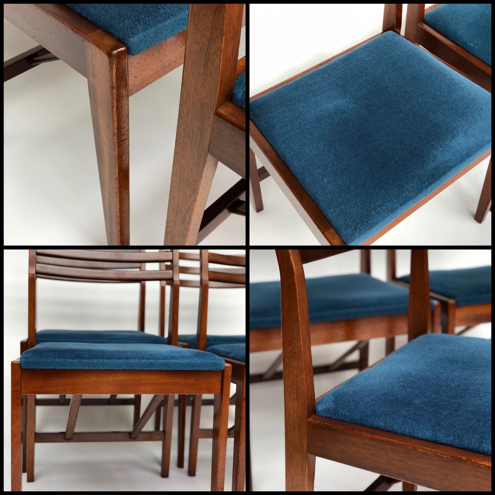 Danish Mcm Set Of 4 Teak Chairs 1970s With Blue Upholstered Seat Pad photo vinterior