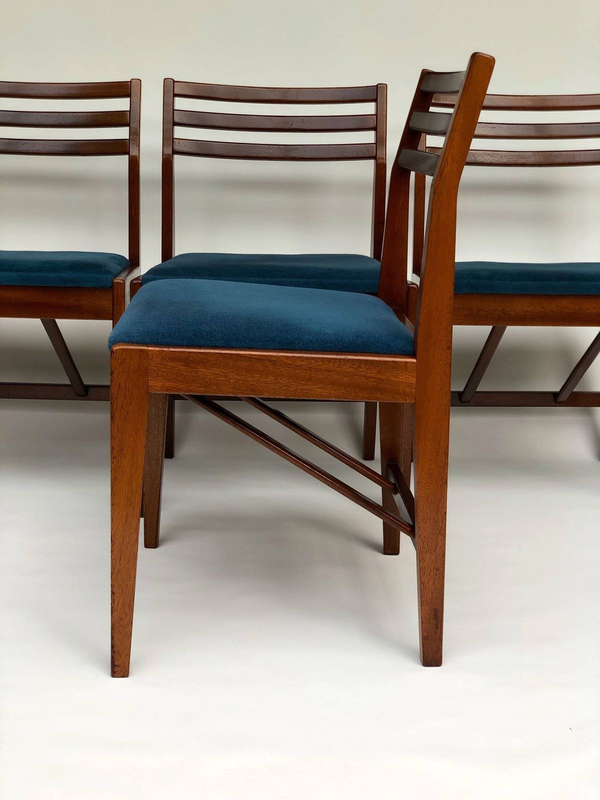 Danish Mcm Set Of 4 Teak Chairs 1970s With Blue Upholstered Seat Pad photo vintage
