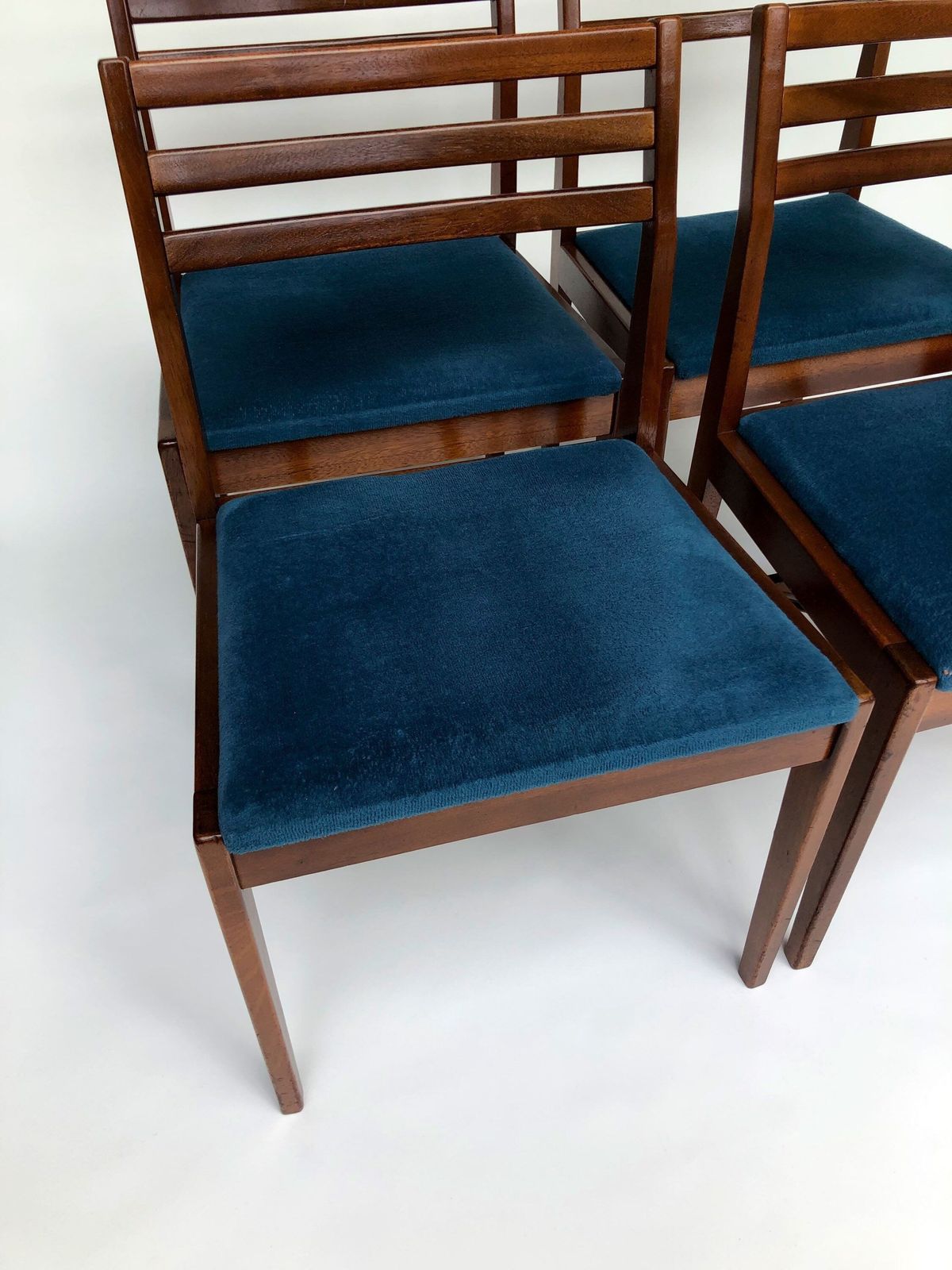 photo for sale Danish Mcm Set Of 4 Teak Chairs 1970s With Blue Upholstered Seat Pad