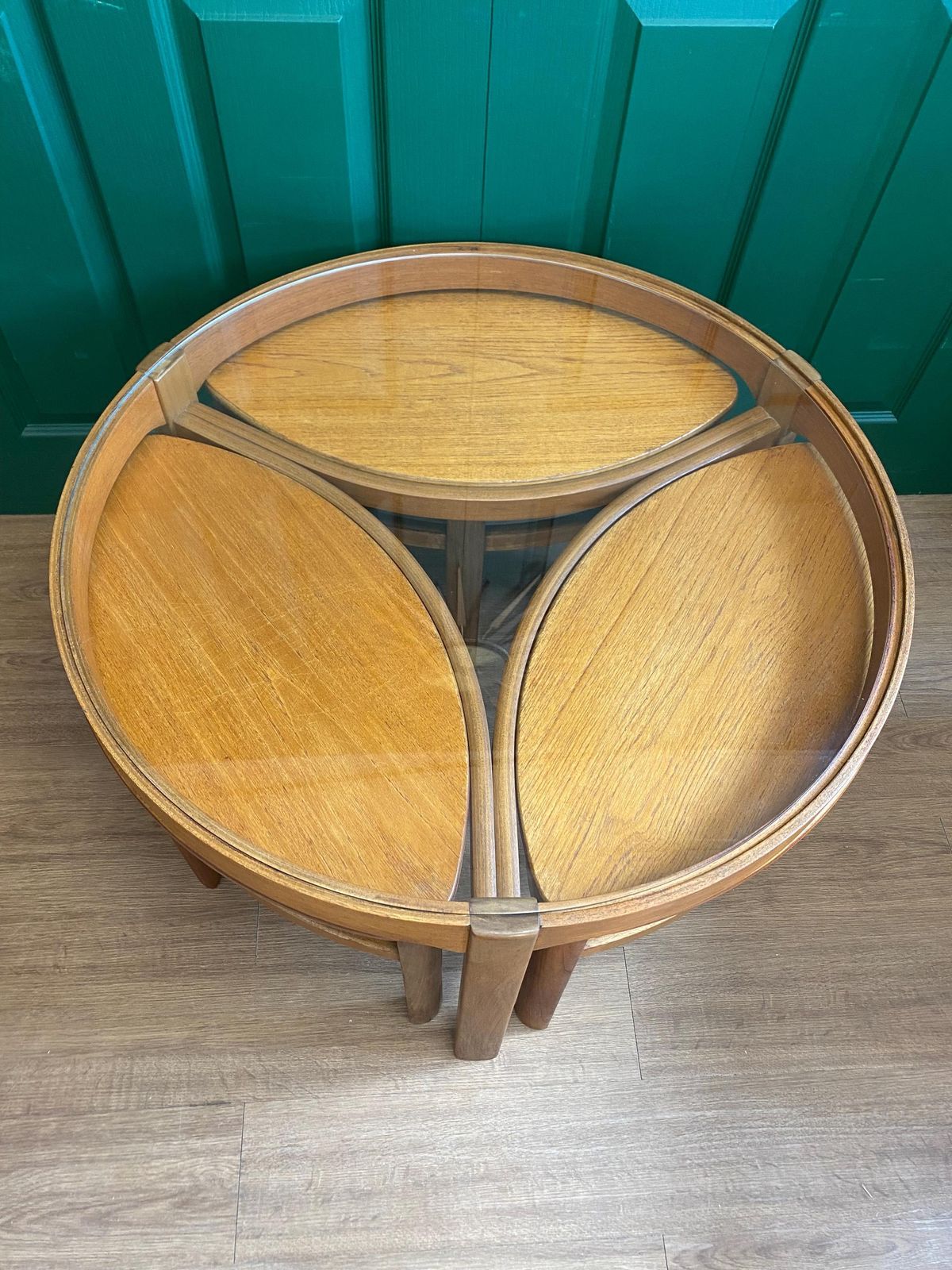 Mid Century 1960s Danish Style Teak Nathan Trinity Circular Glass Coffee Table Nest Of Tables photo furniture