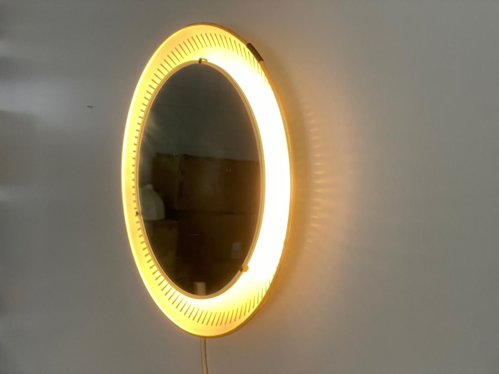 Mid Century Round Yellow And White Wall Mirror With Light By Hillebrand, 1950s photo vinterior