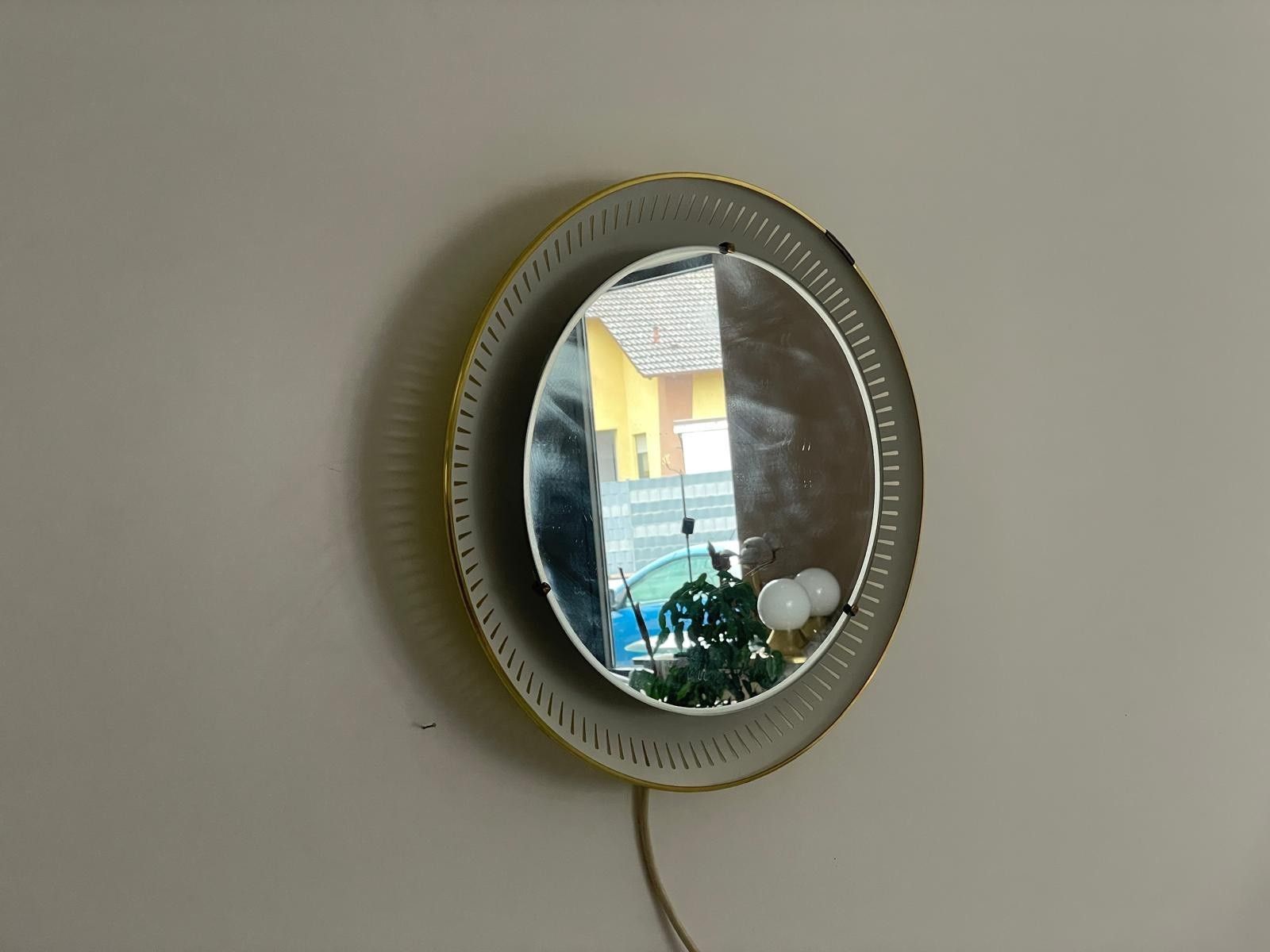 Mid Century Round Yellow And White Wall Mirror With Light By Hillebrand, 1950s photo vintage