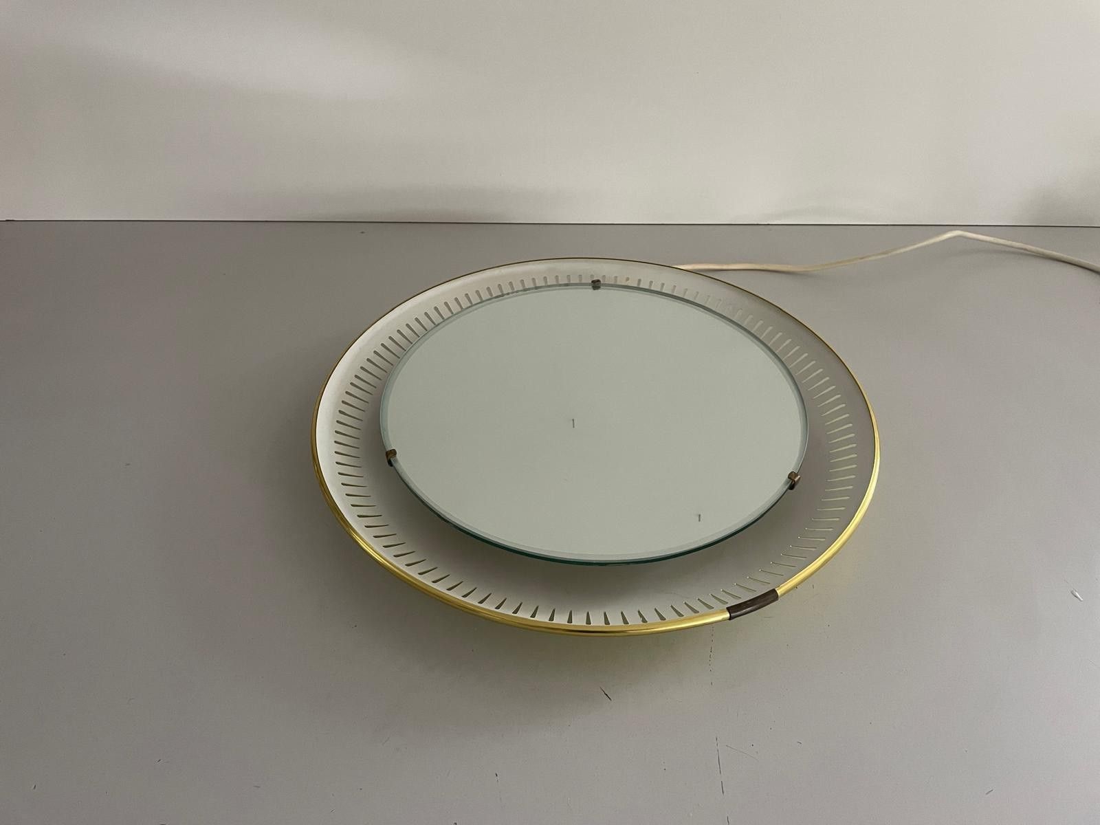 photo vinterior Mid Century Round Yellow And White Wall Mirror With Light By Hillebrand, 1950s