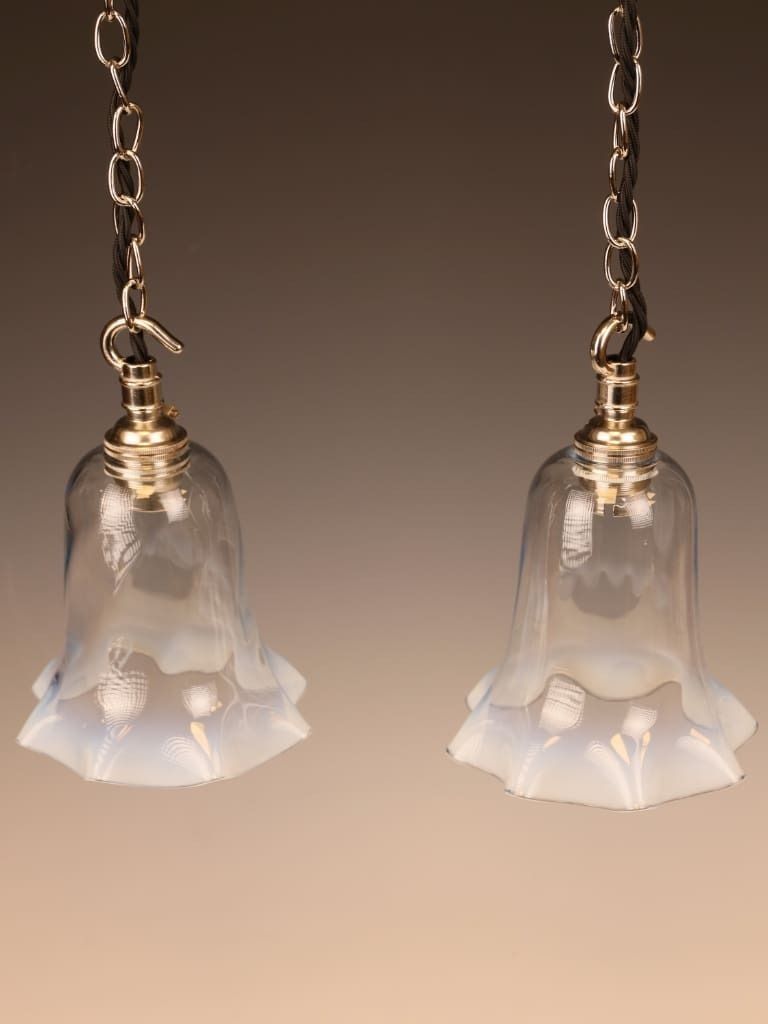 Pair Of Art Nouveau Hand Blown Opaline Glass Pendant Lights, Circa 1900–1915 photo for sale