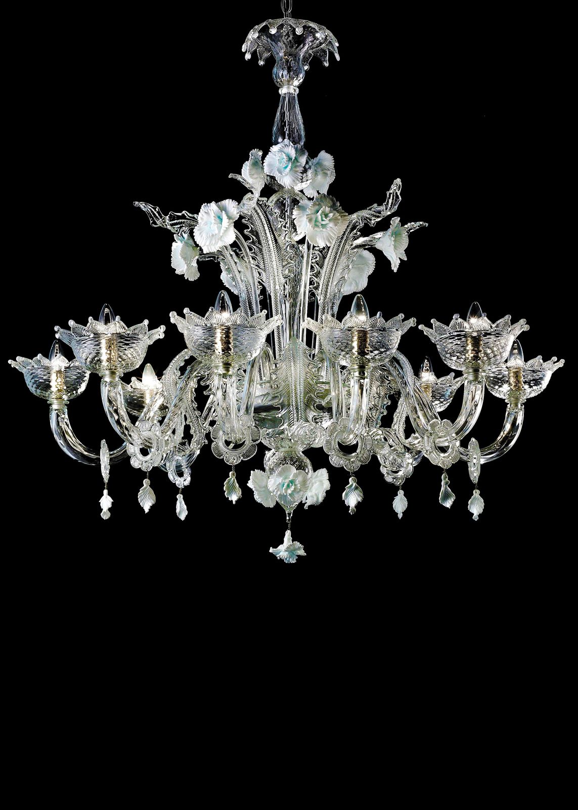 Venetian Romantic Floral Transparent And White Murano Glass Chandelier photo buy