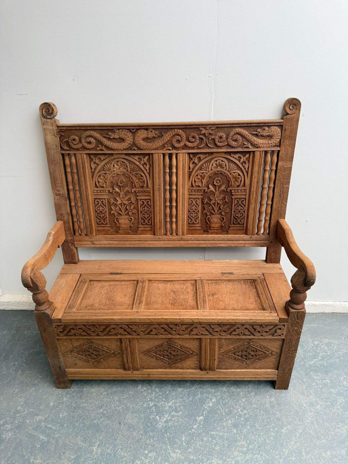 Furniture The Very Best Stripped Golden Oak 1920s Carved 2 Seater Hall Box Settle photo