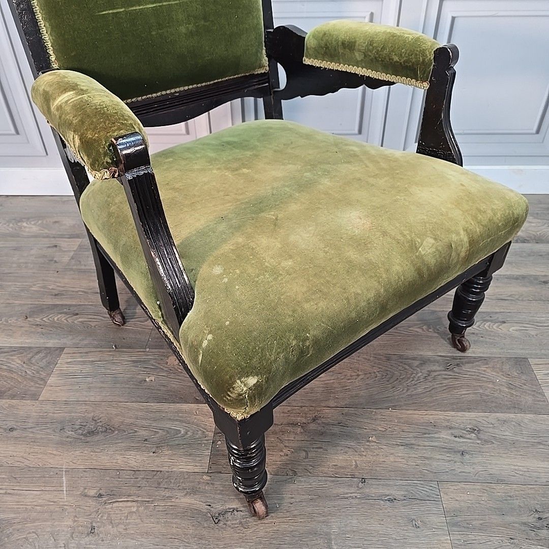 Antique Armchair Carved Wood Upholstered Elbow Chair Castors Victorian Vintage photo 170.0