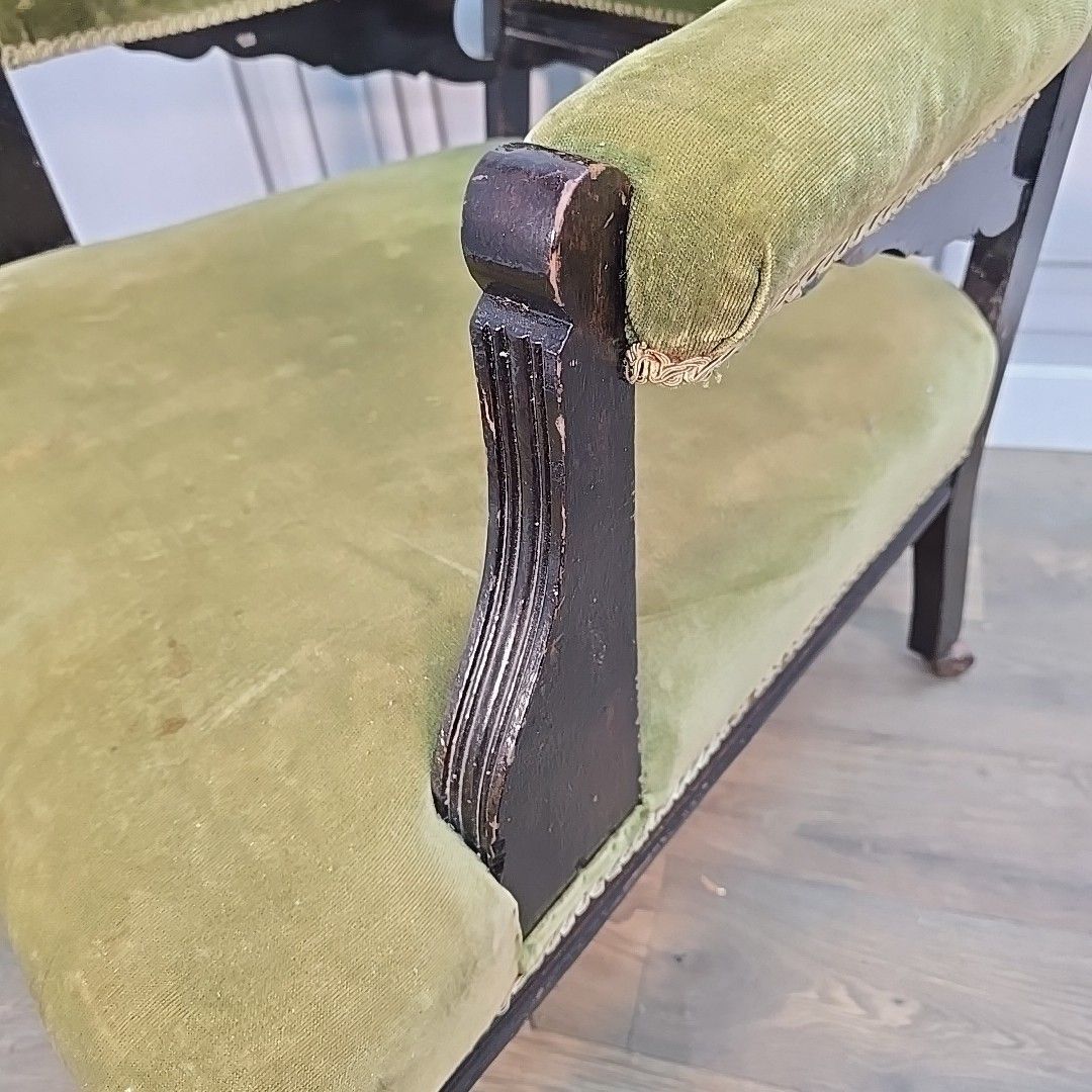 Furniture Antique Armchair Carved Wood Upholstered Elbow Chair Castors Victorian Vintage photo
