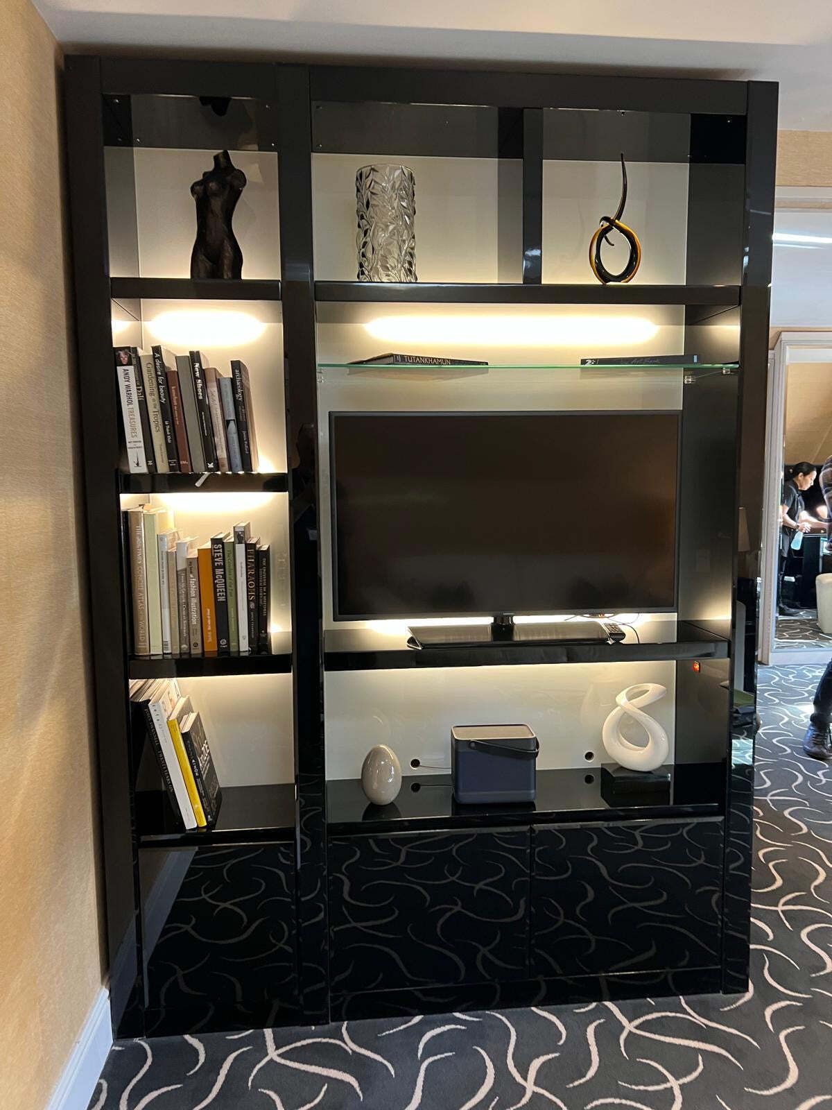 Bespoke Designer Black Shiny Lacquered Tv/Media Wall Unit Designed By R.B Manufactured In Italy By Reflex