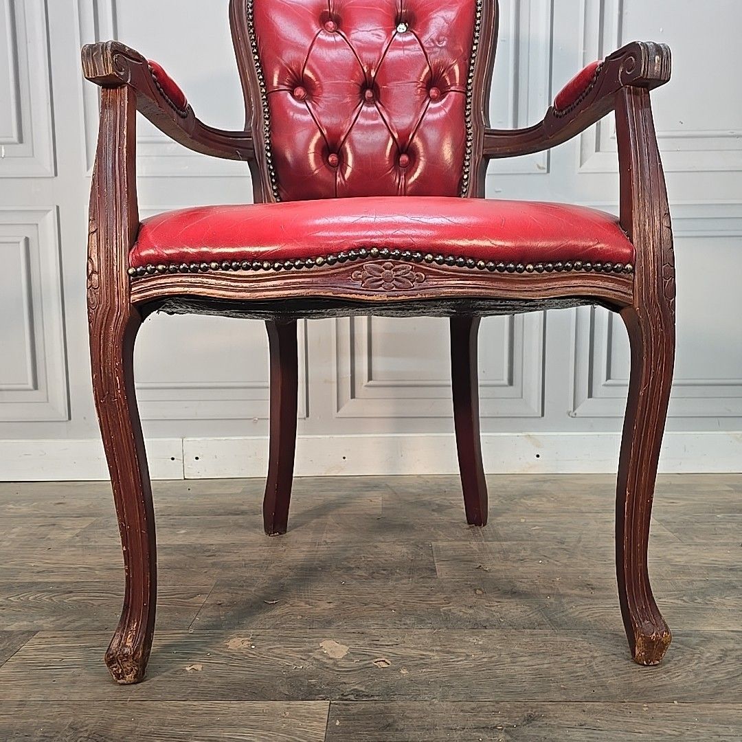 Vintage Chesterfield Armchair Louis XV Style Red Button Back Upholstered Wood photo buy
