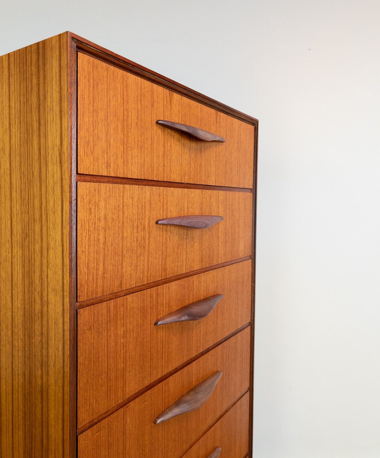 Furniture Refinished Vintage Mid Century Teak 127cm Tall Chest Of Drawers Tallboy, Meredew photo