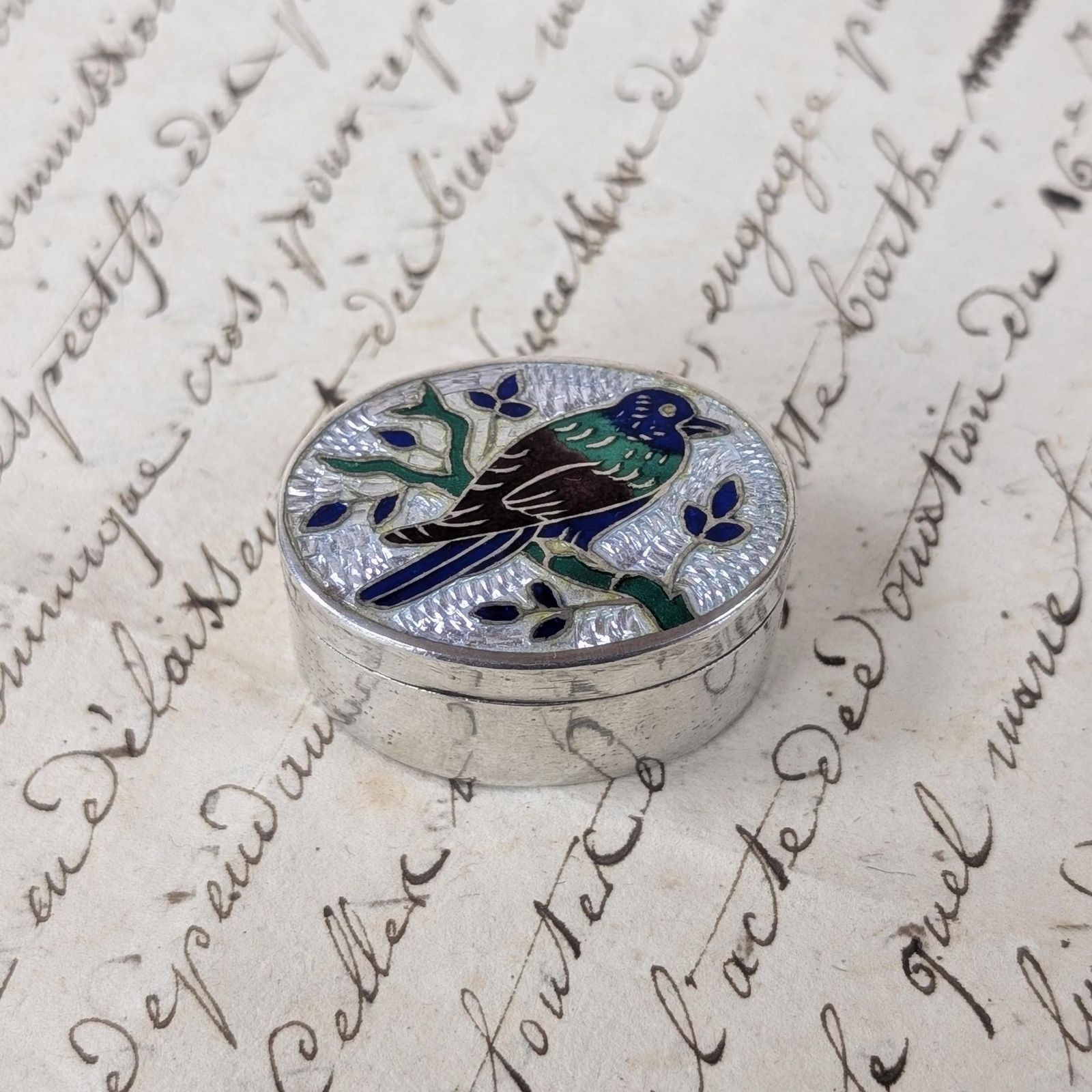 Vintage Silver Enamel Pill Box, Oval Bird Motif Indian Trinket Snuff Case