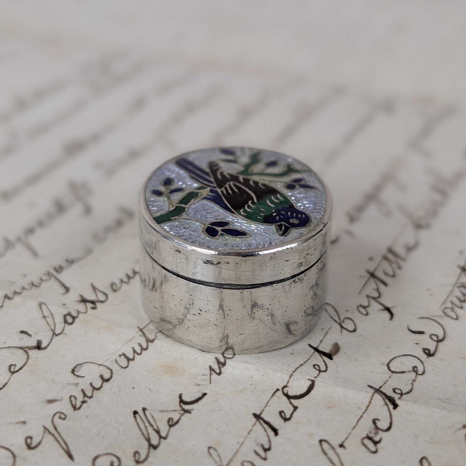 Vintage Silver Enamel Pill Box, Oval Bird Motif Indian Trinket Snuff Case photo 64.0
