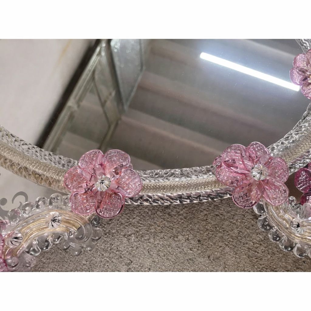 Italian 2000s Venetian Oval Pink Floreal Hand Carving Mirror In Murano Glass Style photo vinterior