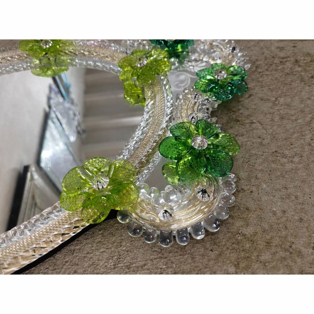 Italian 2000s Venetian Oval Green Floreal Hand Carving Mirror In Murano Glass Style photo vinterior