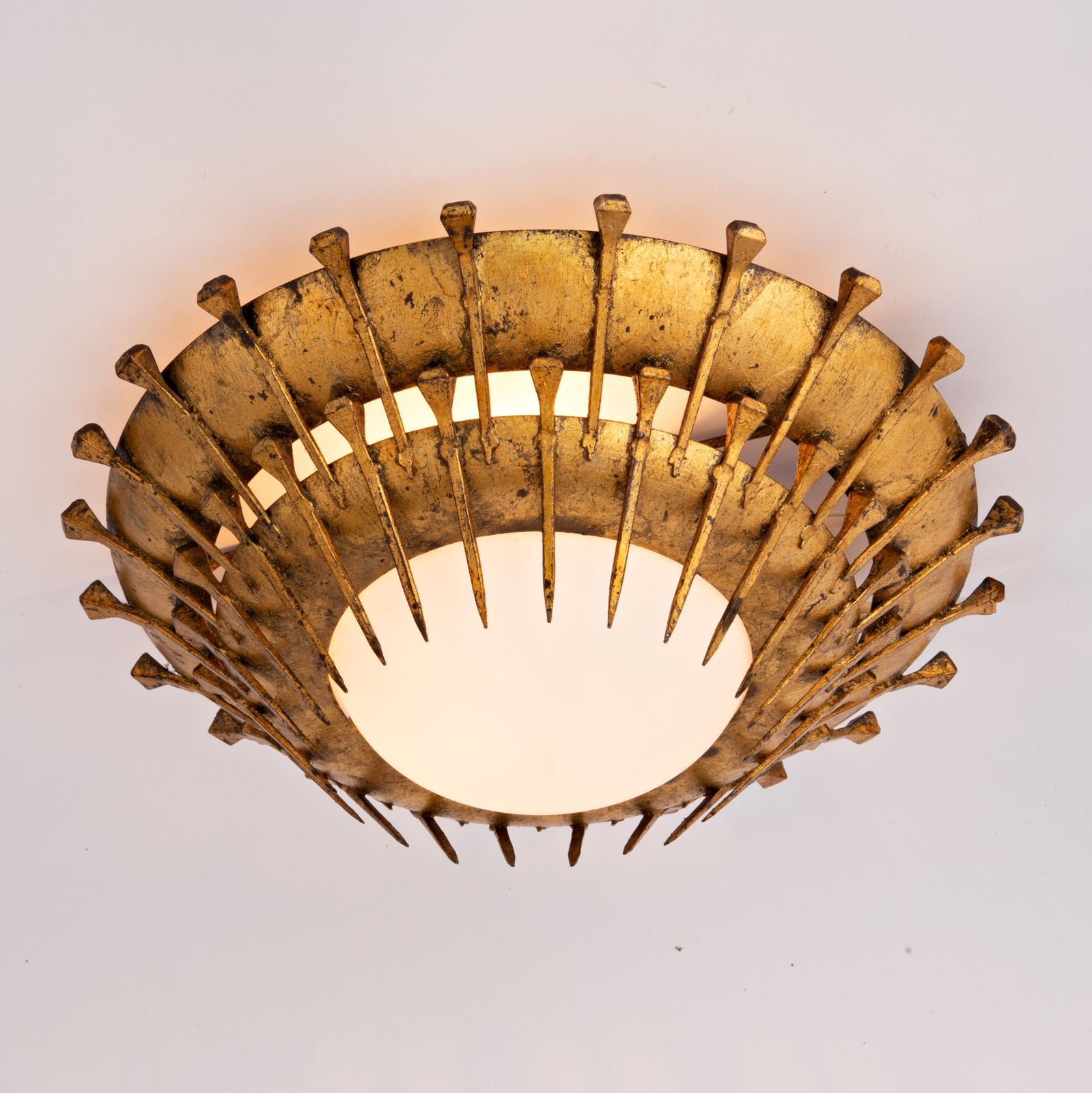 Mid Century Brutalist Spanish Flush Mount Gilded Iron | Gilt Sunburst Nails Ceiling Lamp Wall Sconce Light Vintage | 1960s Regency Toleware photo 589.0