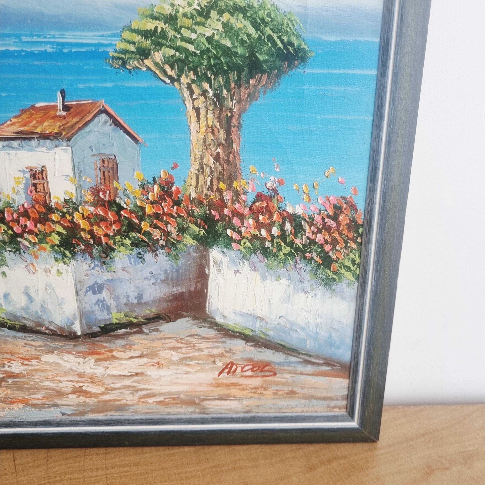 Large Original Vintage Oil Painting Depicting Mediterranean Harbour Scene photo for sale