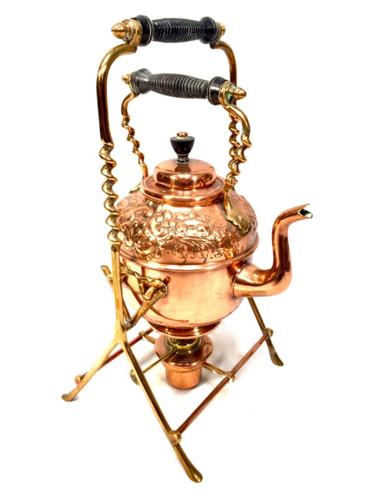 Antique Victorian Metal Copper & Brass Spirit Kettle Pot With Matching Stand photo Home Decor