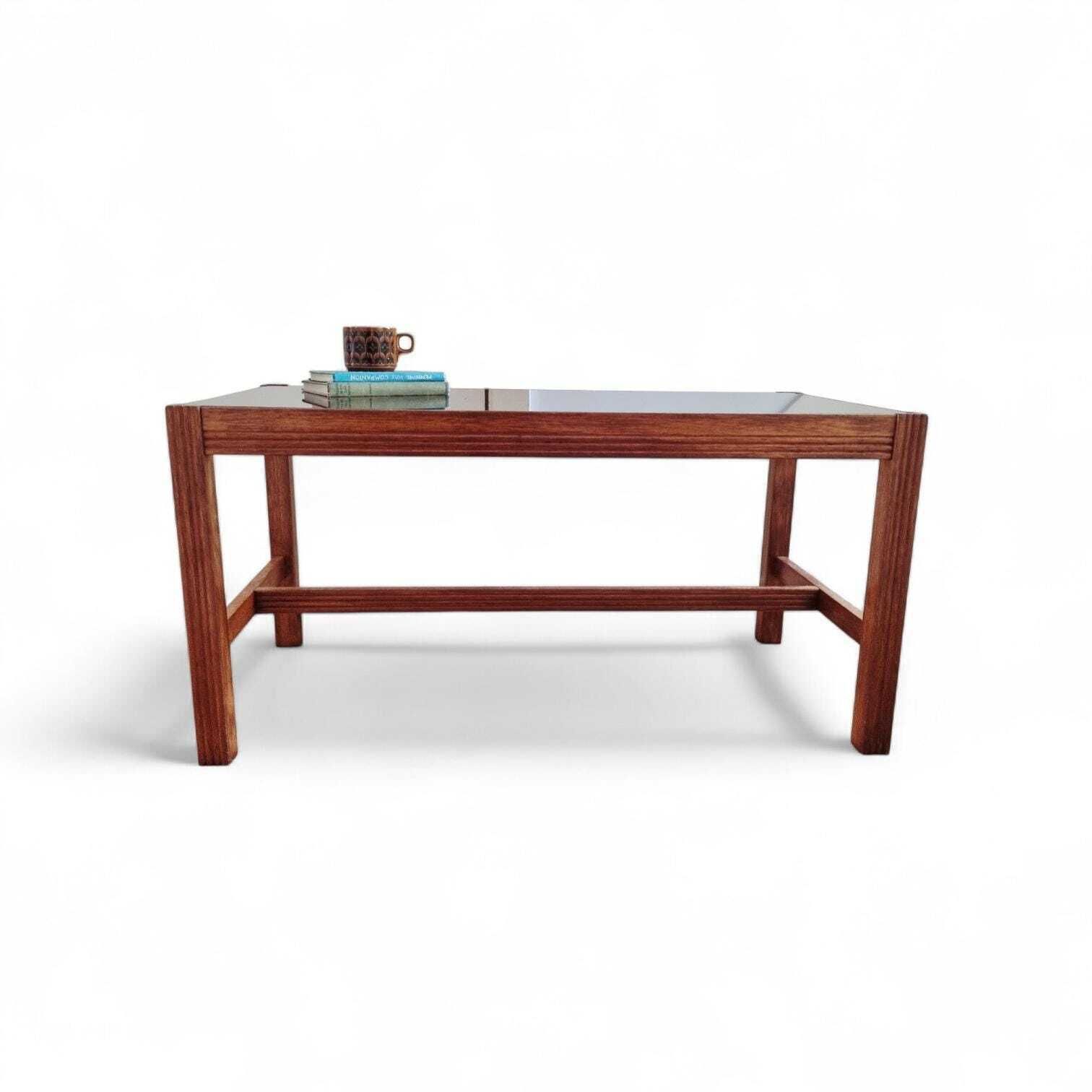 Vintage Mid Century Coffee Table With Smoked Glass Top And Ribbed Wood Legs photo for sale