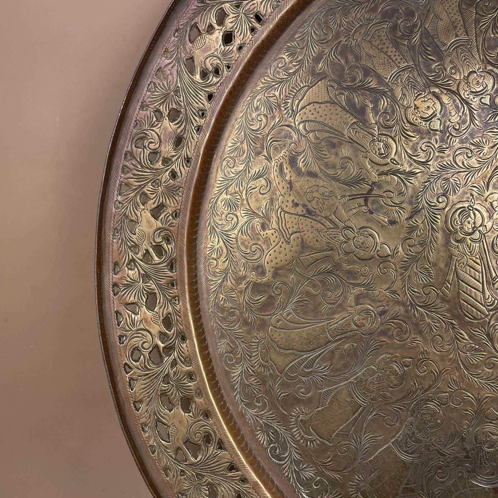 Indian Patterned Brass Tray Antique Metal Gold 50.5cm Plate Asian Handmade Etched Intricate Decorative Pattern Wall Art Round Vintage Circle photo furniture
