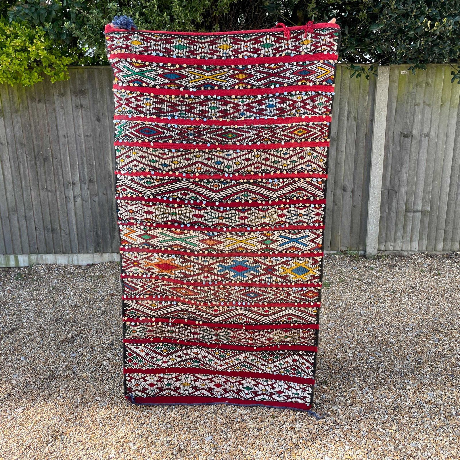 Large Red Kilim Rug With Sequins Handmade Wool Tribal Moroccan Floor Carpet Tribal Handwoven Geometric Pattern Tasselled End Wall Hanging