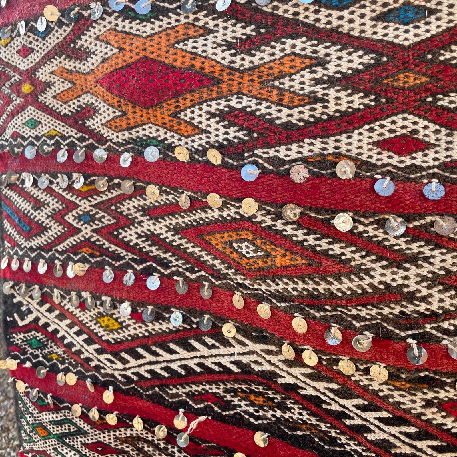 Large Red Kilim Rug With Sequins Handmade Wool Tribal Moroccan Floor Carpet Tribal Handwoven Geometric Pattern Tasselled End Wall Hanging photo vintage