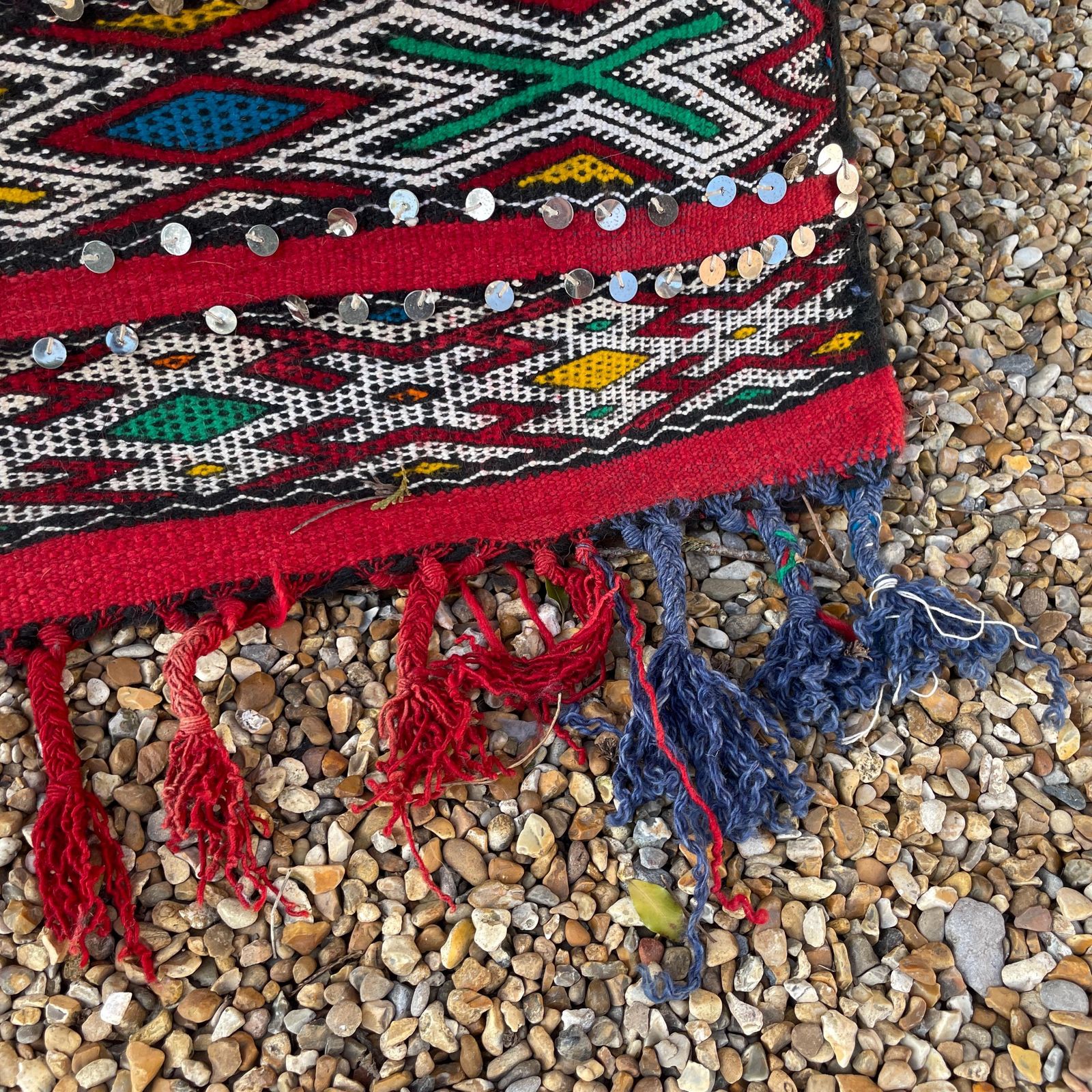 photo buy Large Red Kilim Rug With Sequins Handmade Wool Tribal Moroccan Floor Carpet Tribal Handwoven Geometric Pattern Tasselled End Wall Hanging