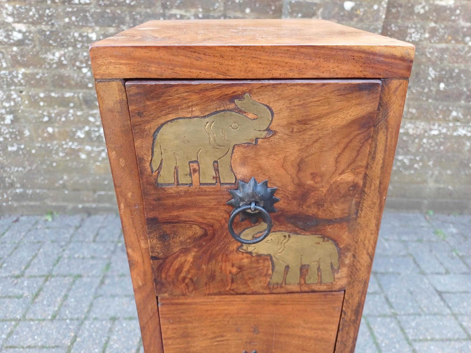 Vintage Teak Thin Chest Of Drawers Elephant Motif Brass Handles Slim Storage Cabinet Solid Wood 1980s Oriental Style photo buy