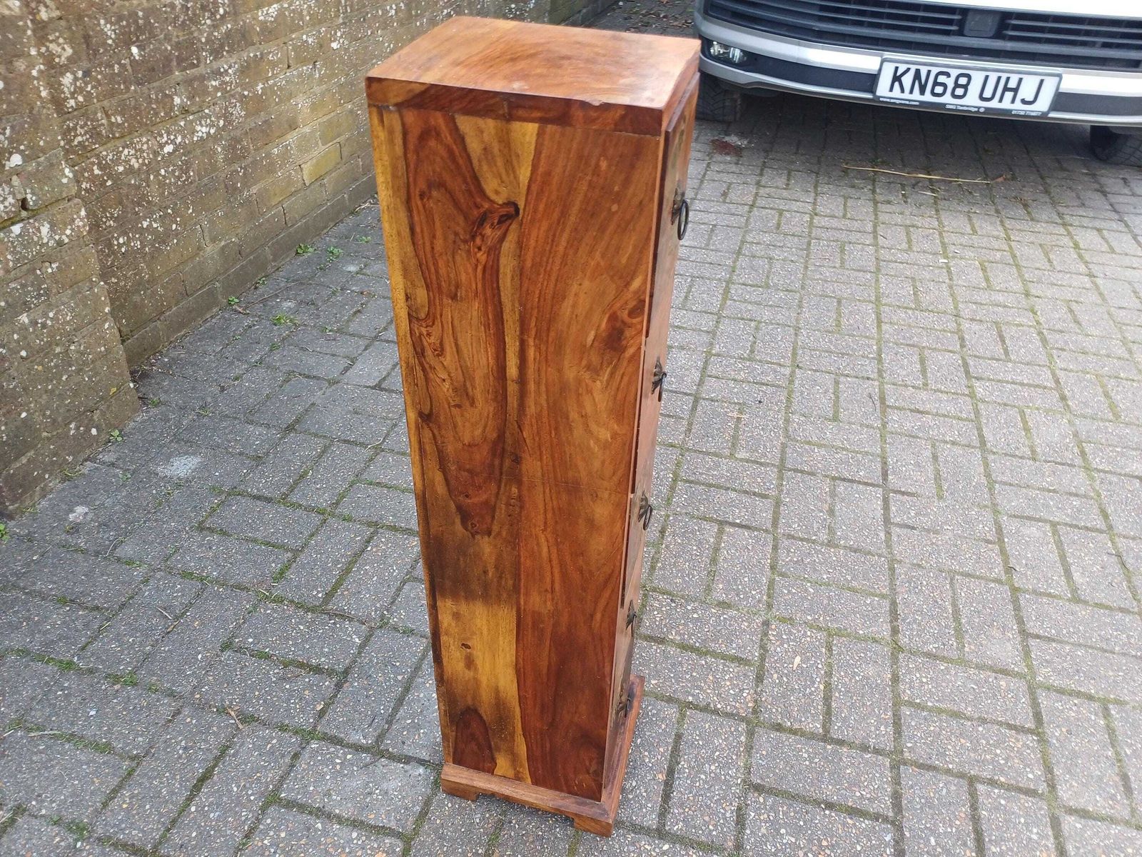 photo furniture Vintage Teak Thin Chest Of Drawers Elephant Motif Brass Handles Slim Storage Cabinet Solid Wood 1980s Oriental Style