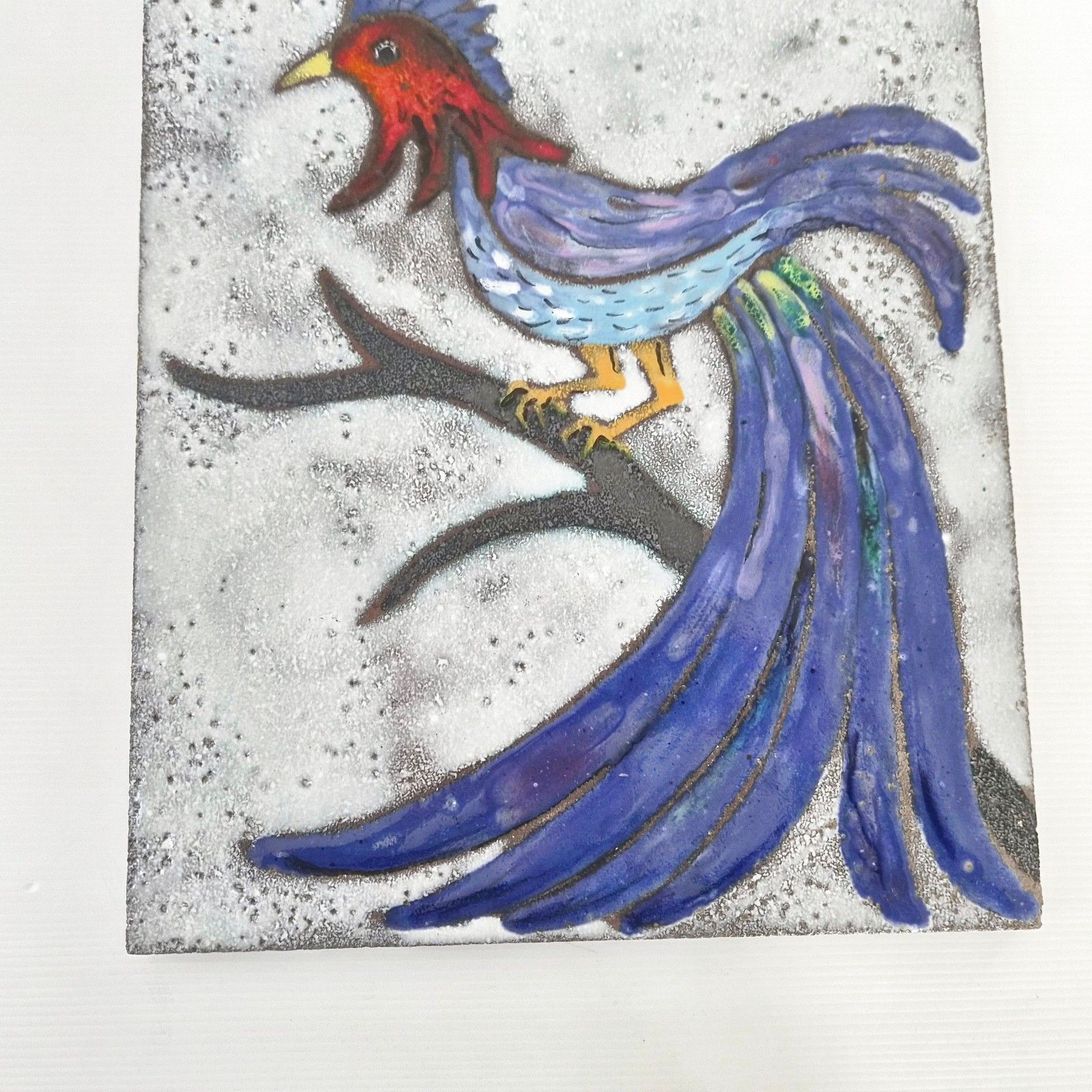 Vintage Large Panel Lava Stone Rooster Peacock 1960 Frères Cloutier Robert & Jean photo for sale